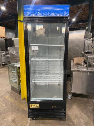 Avantco Commercial Glass Door Refrigerator, Model 178GDC23HCB, black frame, poly coated wire rack, on casters, 115V.