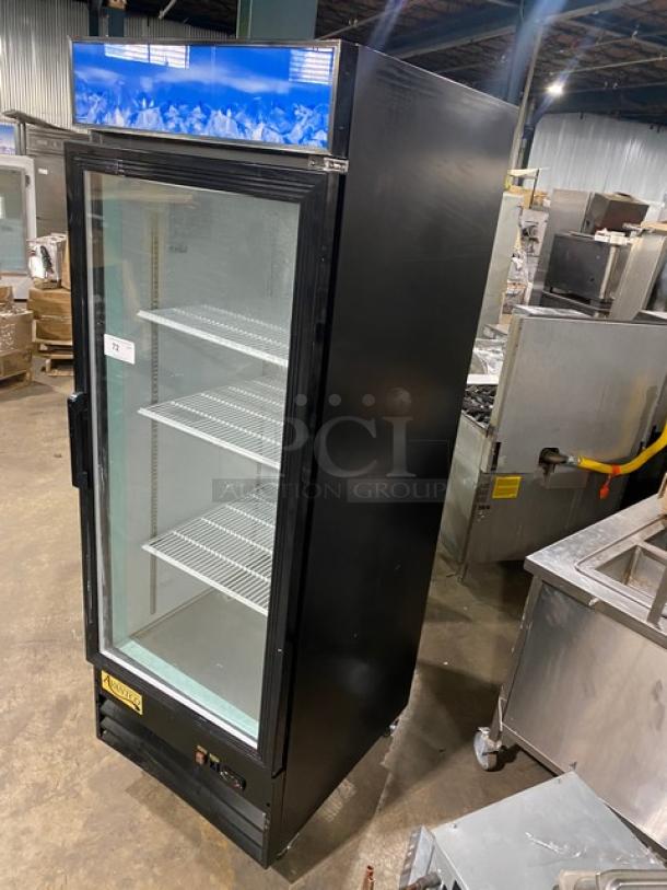 Avantco black single glass door merchandiser refrigerator, model 178GDC23HCB, on casters, with poly-coated wired racks.