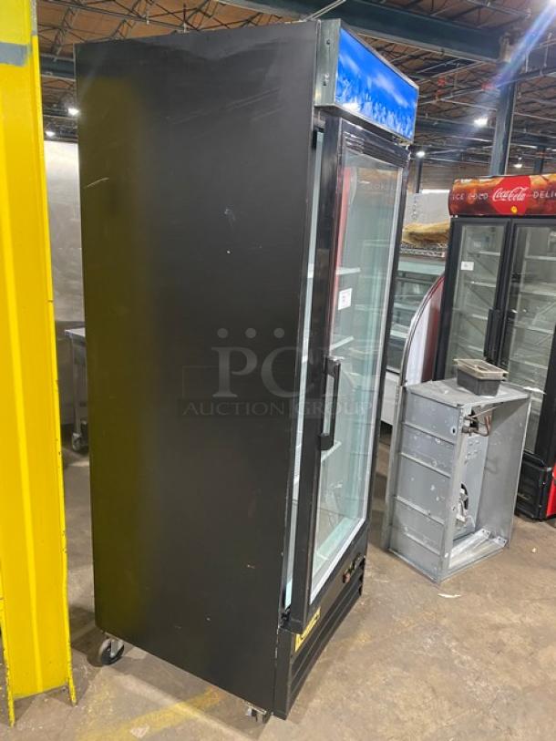 Avantco commercial black single glass swing door reach-in merchandiser refrigerator, model 178GDC23HCB, on casters, poly coated wired rack.