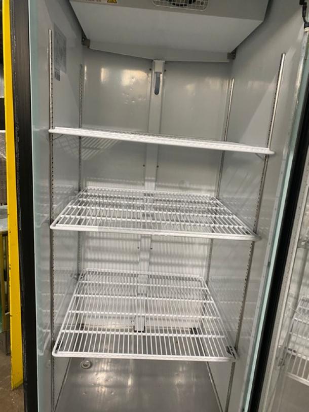 Avantco Commercial Refrigerator, Model 178GDC23HCB, black, single glass swing door, 3 poly-coated wire racks, on casters.