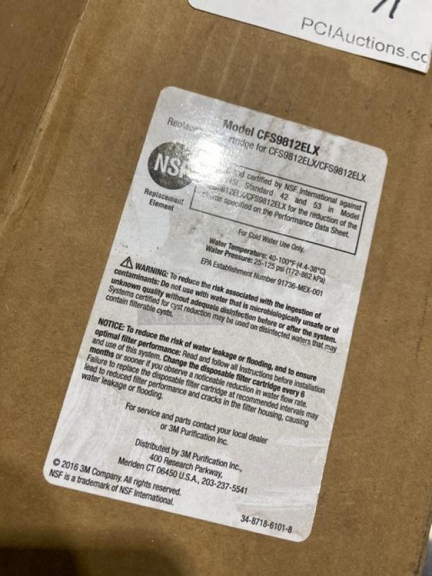 New 3M 9000-Series Water Filtration Cartridge, Model CFS9812ELX, NSF certified, label with specs and installation warnings visible.