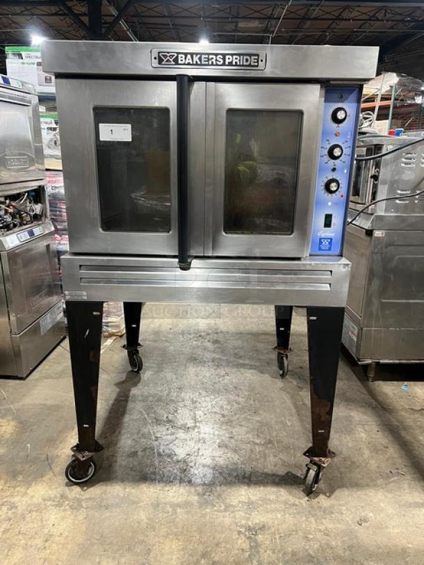 Bakers Pride GDCO-E1 commercial electric convection oven, single deck, stainless steel, on casters, control panel visible.