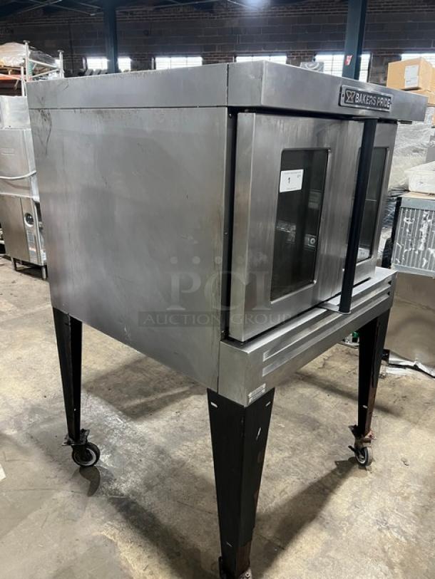 Bakers Pride GDCO-E1 single deck convection oven on casters, stainless steel, used condition, visible branding on top.