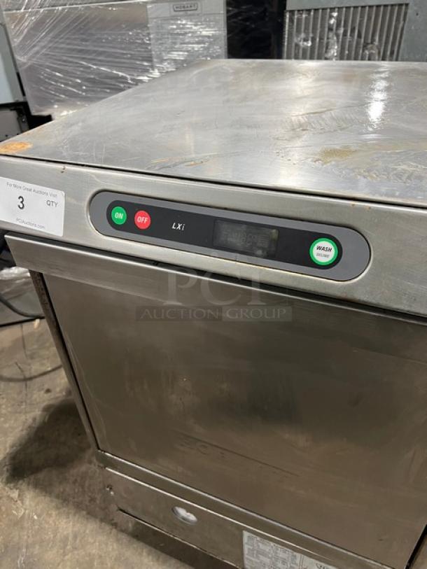 Hobart LXi Series undercounter dishwasher, stainless steel, electric powered, visible controls, on legs, good condition.