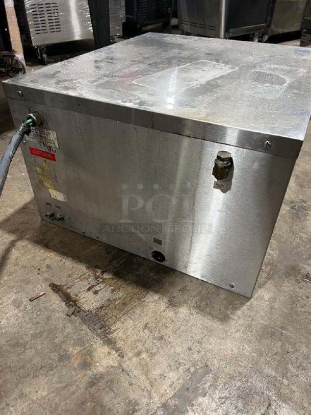 Market Forge PS3E stainless steel convection steamer, commercial countertop model. Shows label with serial number 238475.