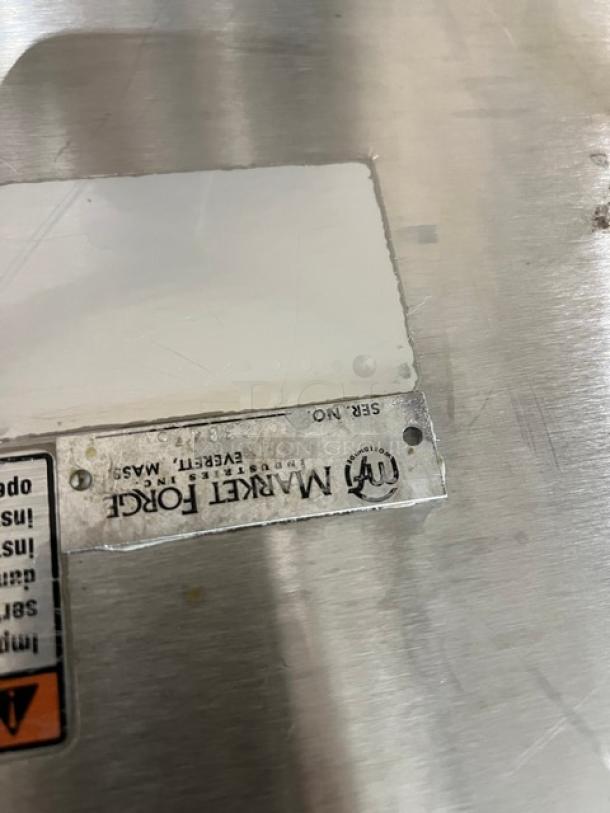 Market Forge PS3E stainless steel convection steamer, serial number 238475, model PS-3E label close-up.