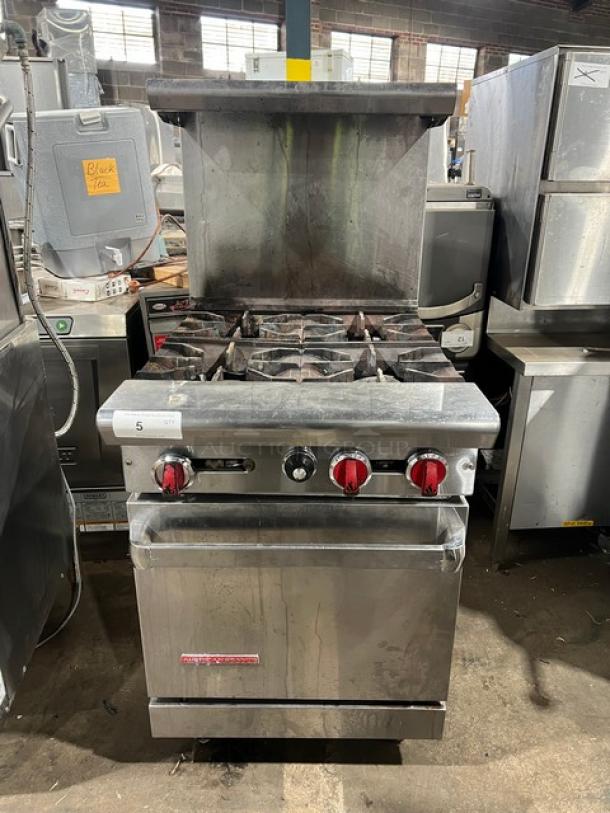 American Range commercial 4-burner stainless steel gas range/oven combo with backsplash, overhead salamander shelf, on legs.