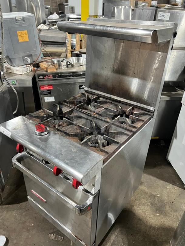 American Range commercial stainless steel 4-burner gas range/oven combo with backsplash, overhead salamander shelf, and legs.