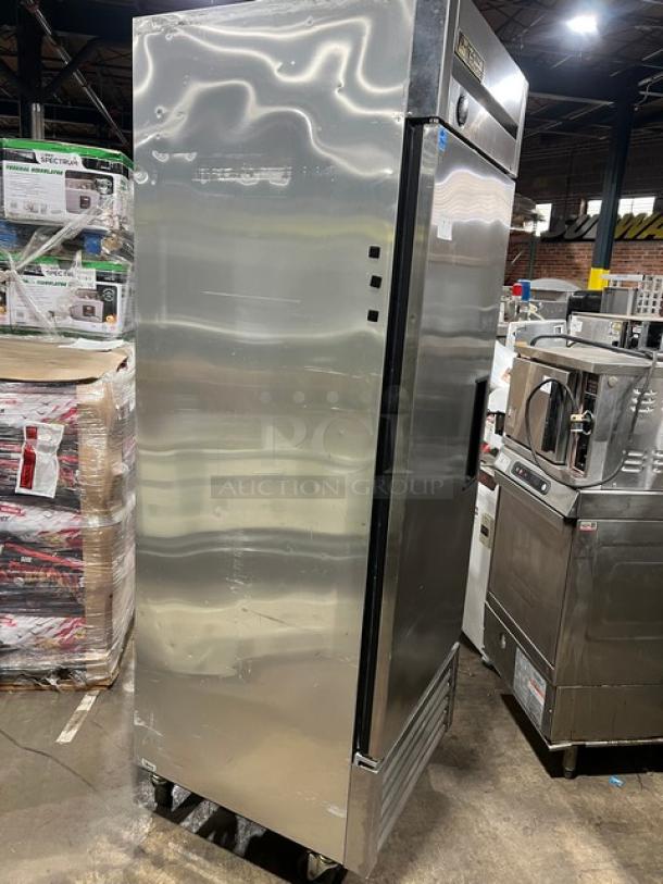 True T-23F Commercial Stainless Steel Single Door Reach-In Freezer, Energy Star, on casters, SN: 8546786, 115V, with poly-coated wired rack.