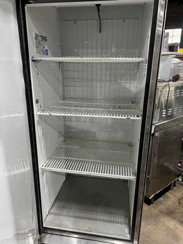 True T-23F commercial stainless steel single door reach-in freezer with poly coated wired rack. Energy Star certified.