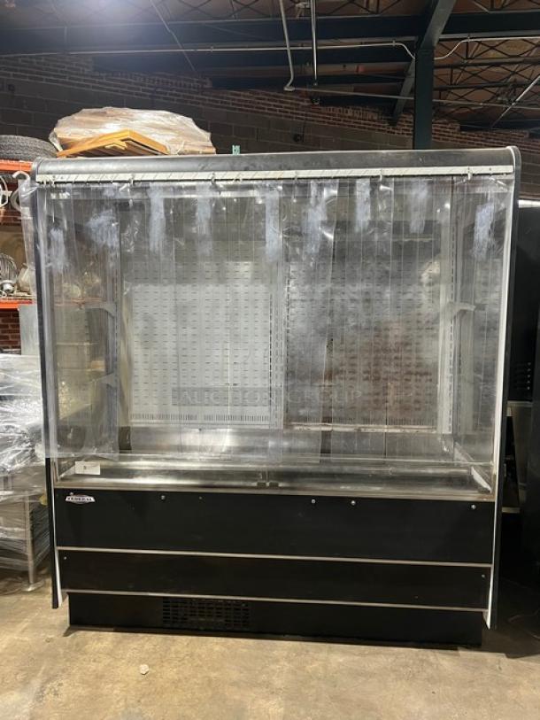 Federal Industries black open-air refrigerated merchandiser display case, model RSSD678SC-5, in good condition. 120V, 1 Phase.