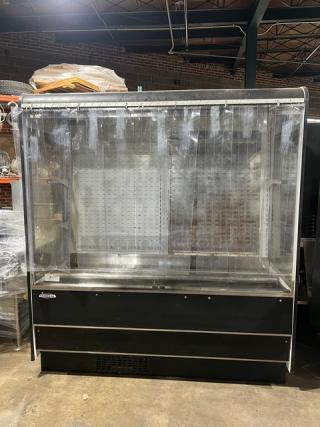 Federal Industries black open-air refrigerated merchandiser display case, model RSSD678SC-5, in good condition. 120V, 1 Phase.