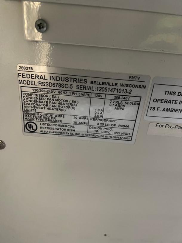 Federal Industries refrigerated merchandiser label. Model RSSD678SC-5, Serial 12051471013-2, 120V, 1 Phase, UL listed.