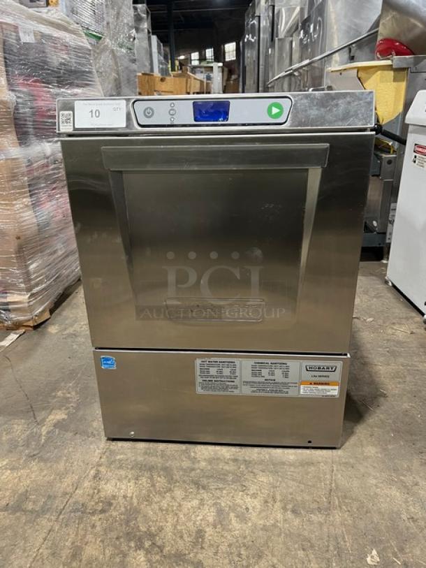 Hobart LXe Series commercial undercounter dishwasher, stainless steel, Energy Star certified, visible control panel.