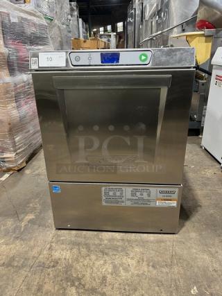 Hobart LXe Series commercial undercounter dishwasher, stainless steel, Energy Star certified, visible control panel.