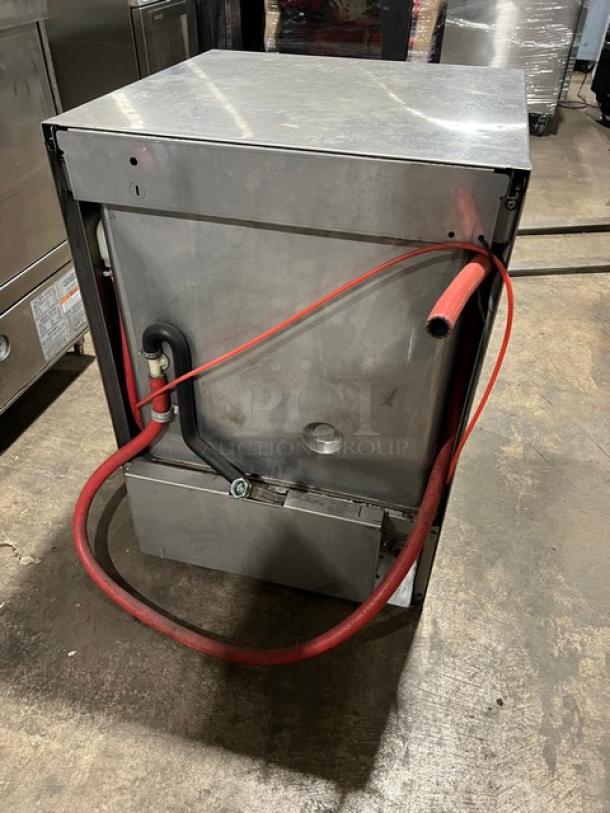 Hobart LXe Series stainless steel undercounter dishwasher, Energy Star certified, live hoses visible; minor wear.