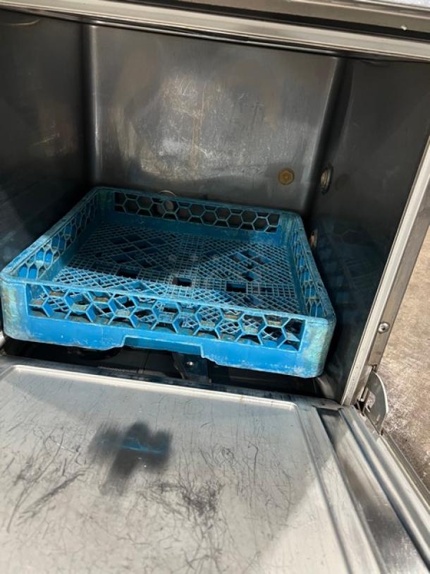 Hobart LXe Series commercial undercounter dishwasher, stainless steel, Energy Star certified, includes blue rack, interior view.