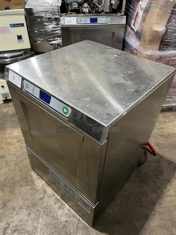 Hobart LXe Series stainless steel undercounter dishwasher, Energy Star certified, in used condition with visible wear.