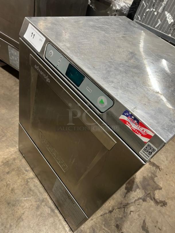 Hobart Advansys LXe Series stainless steel undercounter dishwasher, commercial grade, with control panel and "Made in USA" sticker.