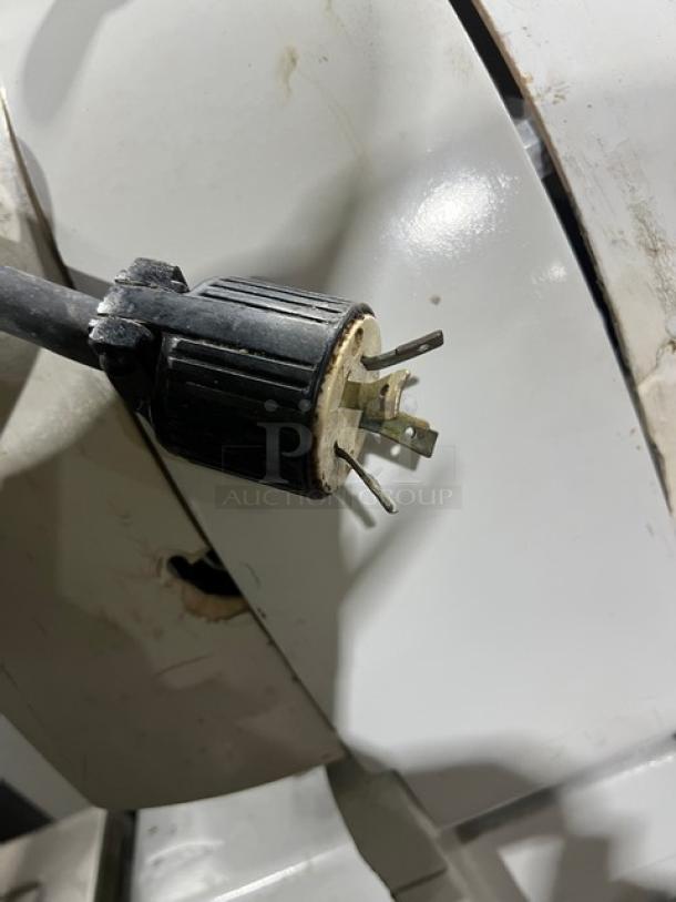 Baker's Aid commercial dough divider/rounder machine, white, semi-automatic, on legs. Features power cord and plug.