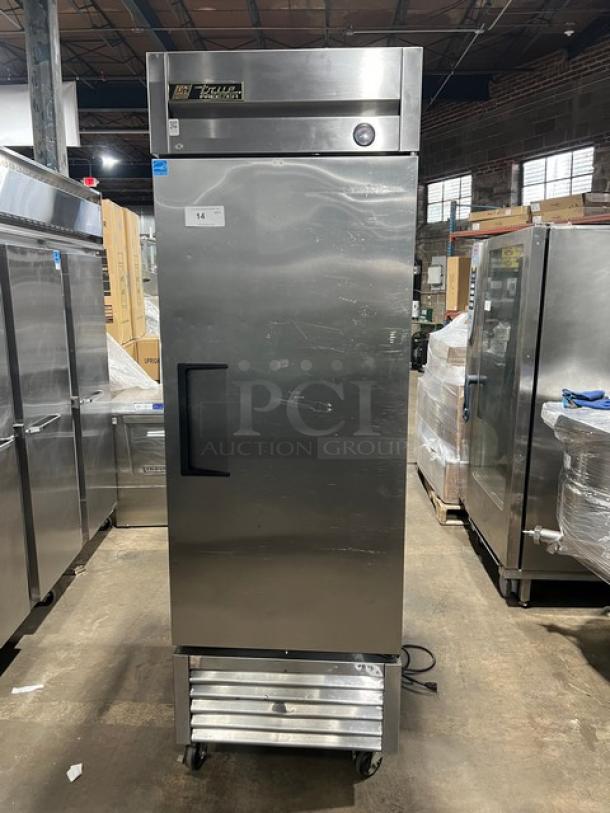 True T-23F commercial stainless steel single door reach-in freezer, Energy Star certified, on casters, with poly coated rack.