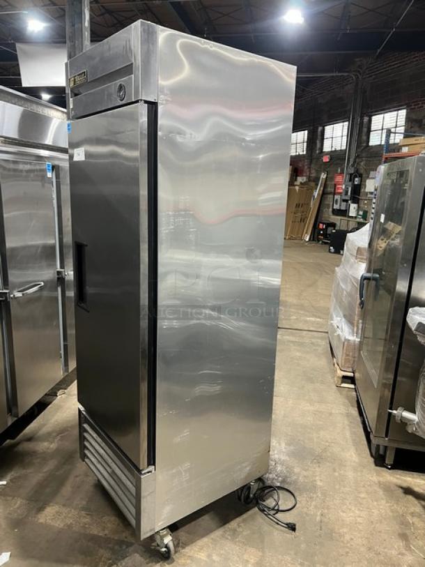 True Commercial Stainless Steel Single Door Freezer T-23F, Energy Star Certified, poly-coated wire rack, on casters.