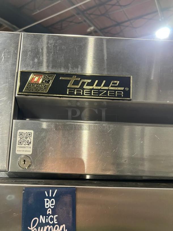 True T-23F commercial stainless steel single door reach-in freezer, Energy Star certified, with poly coated rack, on casters.