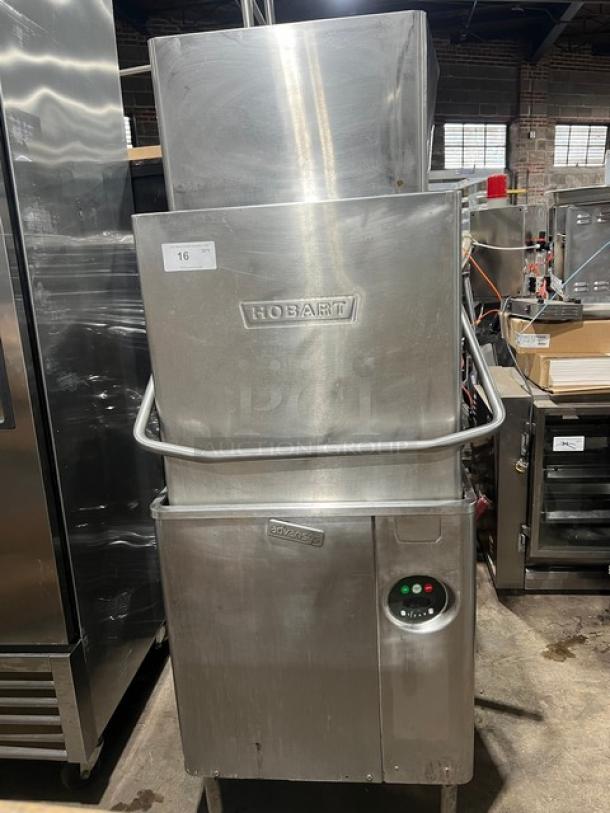 Hobart Advansys stainless steel commercial dishwasher, electric, door-type, on legs. Features control panel and "Advansys" label.