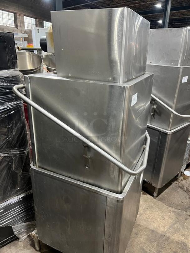 Hobart Advansys commercial stainless steel dishwashing machine, door-type, electric-powered, on legs, good condition.