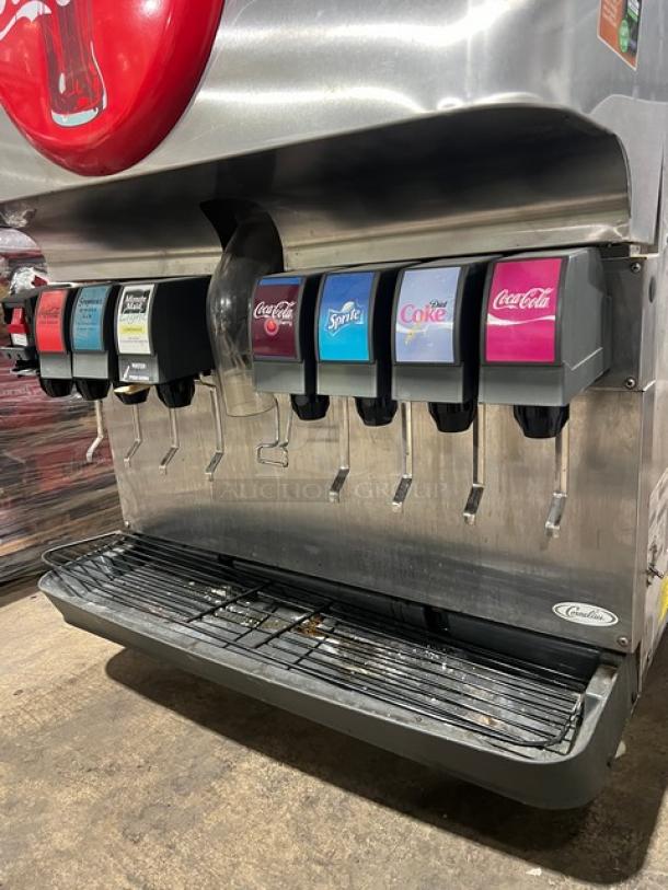 Cornelius ED200 8-flavor beverage dispenser, stainless steel, self-serve levers, drip tray, 115V, countertop, commercial use.