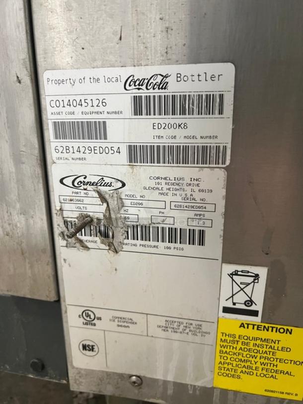Cornelius ED200 8-flavor beverage/ice dispenser with self-serve levers, drip tray, stainless steel, 115V, SN: 62B1429ED054.