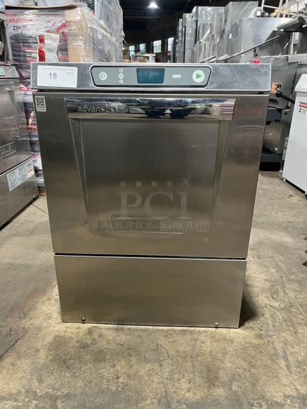 Hobart Advansys LXER commercial dishwasher, stainless steel, with peg rack, model LXER, serial 231170396, undercounter style.