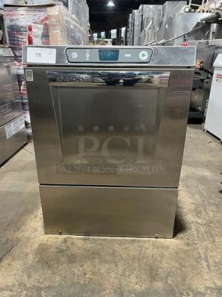 Hobart Advansys LXER commercial dishwasher, stainless steel, with peg rack, model LXER, serial 231170396, undercounter style.