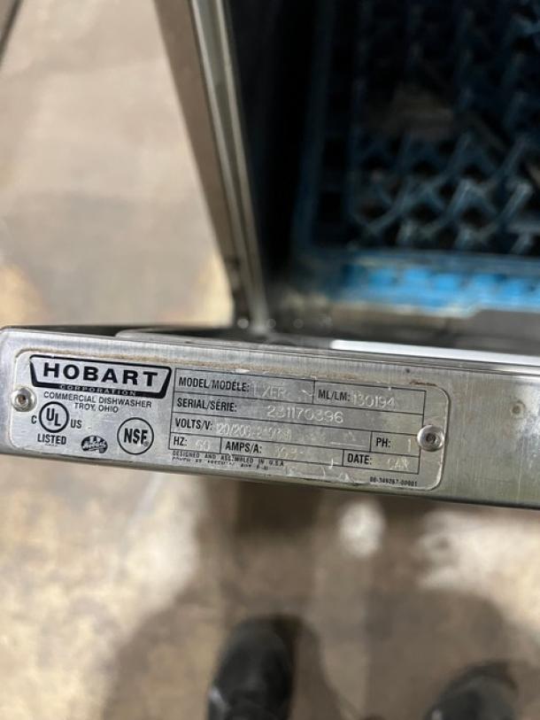 Hobart Advansys LXe stainless steel undercounter dishwasher, model LXER, with peg rack. Serial: 231170396.