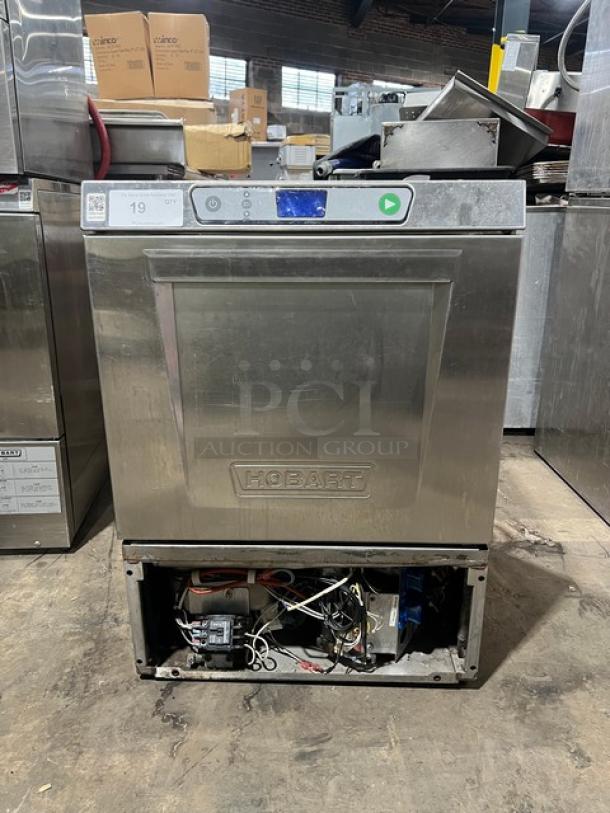 Hobart LXEH commercial dishwasher, stainless steel, undercounter, high-temp, open base, 120/208-240V, 1 phase, model number visible.