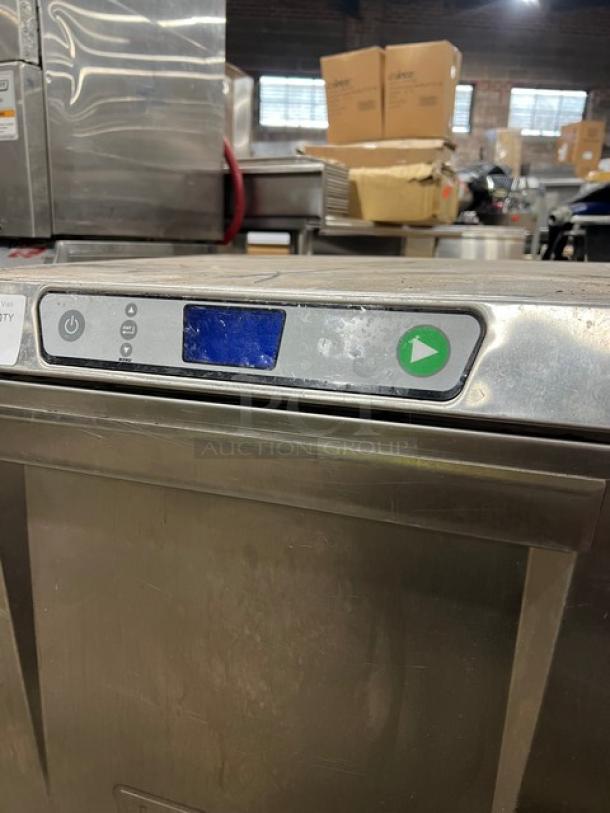 Hobart LXEH commercial stainless steel undercounter dishwasher, new body style, electric, high-temp, control panel visible.