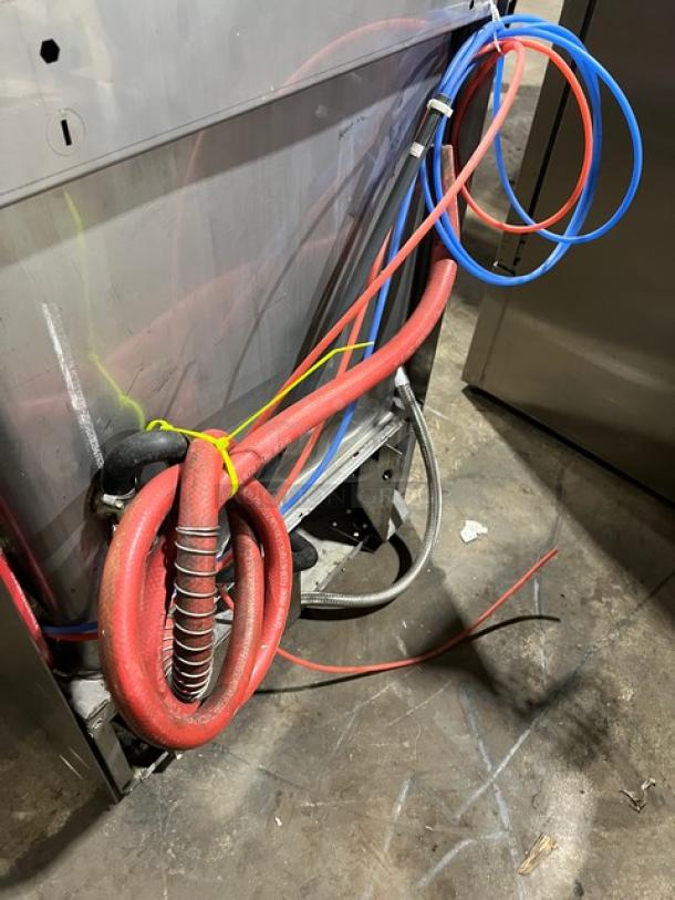 Hobart LXEH commercial undercounter dishwasher, stainless steel, showing back view with red and blue wiring, 120/208-240V.