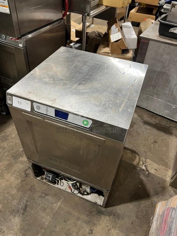 Hobart LXEH commercial undercounter dishwasher, stainless steel, high-temp, 120/208-240V, used, visible control panel.