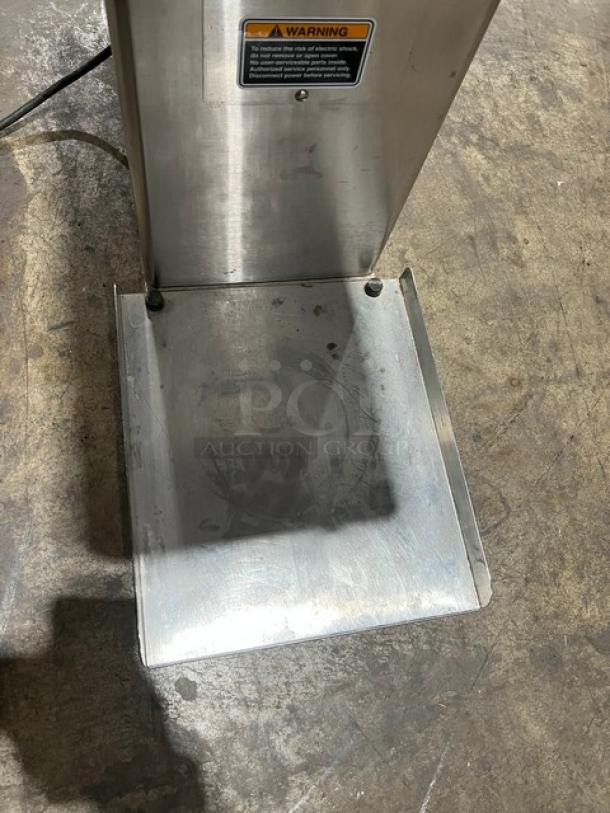 Bunn TB6Q iced tea brewer, stainless steel, 3-gallon capacity, commercial use, warning label visible, used condition.
