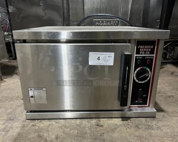 Market Forge Premier Series PS-3E stainless steel electric countertop convection steamer, featuring temperature control dial, labels, and handle. Model: PS3E, SN: 238475.