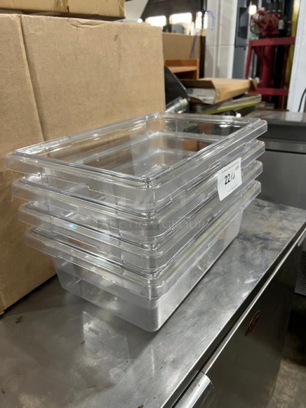 Rubbermaid 3.5 Gal. clear polycarbonate rectangular food storage containers, model FG330900CLR, stack of four, new condition.