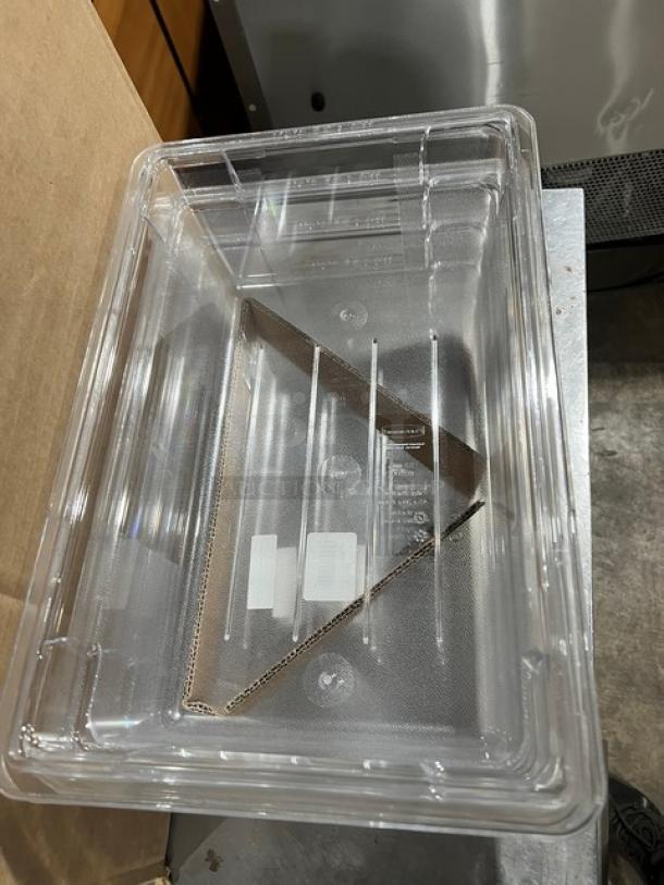 Rubbermaid Commercial 3.5 Gal. clear polycarbonate food storage container, model FG330900CLR, new condition, rectangular shape.