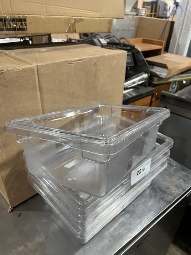 Rubbermaid Commercial 3.5 Gal. clear polycarbonate food storage container, model FG330900CLR, stack of four, new condition.