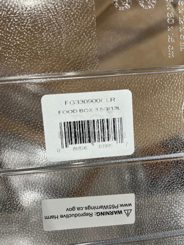 Rubbermaid FG330900CLR clear polycarbonate food storage container, 3.5-gallon, new condition, visible barcode label.