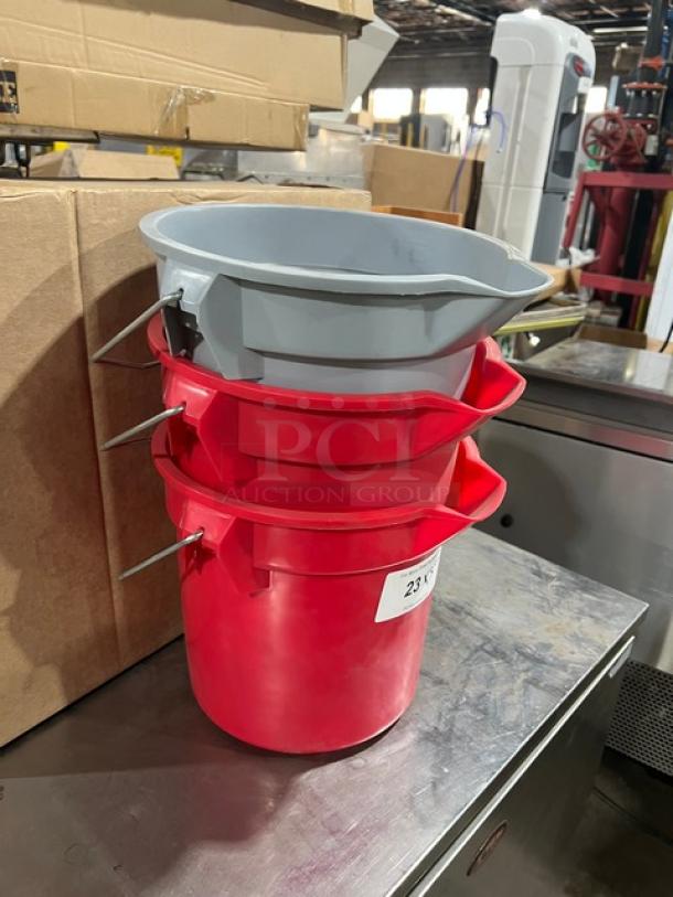 Rubbermaid BRUTE Series 14 Qt. utility buckets, gray and red, stackable with pail-style grip handles, new condition.