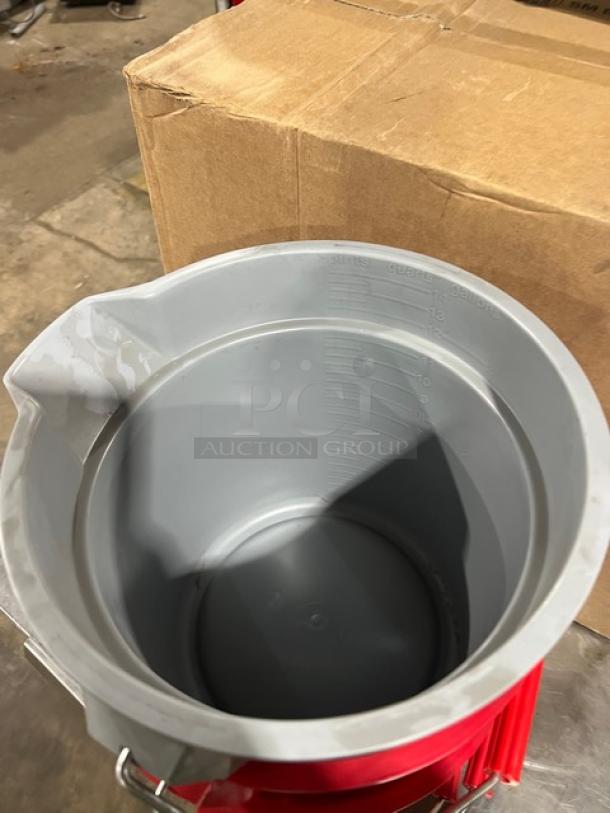 Rubbermaid BRUTE 14 Qt. gray and red utility bucket, new condition, features pail-style grip handle and internal measurement markings.