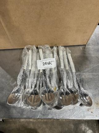 New Update International stainless steel 11.75" slotted serving spoons, model HB2PH, in original packaging. Lot of 24.