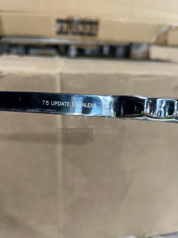 Update International Stainless Steel 11.75" Slotted Serving Spoon, Model HB-2/PH, New, "75 UPDATE STAINLESS" marking.