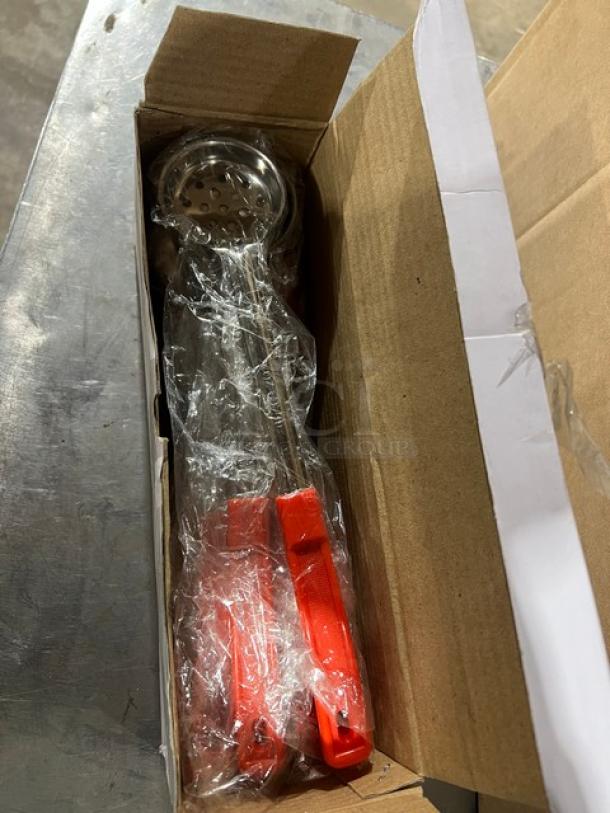 Crestware SPO2P stainless steel perforated portion control spoon, 2 oz, orange grip handle, new in box.