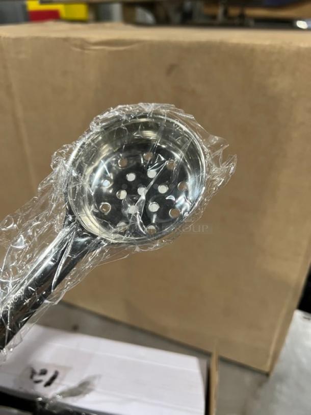 Crestware Commercial 2 Oz. Perforated Portion Control Spoon, Model SPO2P, stainless steel, orange grip handle, new condition.